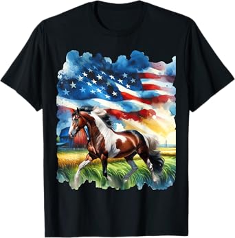 Patriotic Country Paint Horse with American Flag Women Kids Men T-Shirt