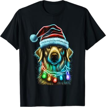 Golden Retriever Funny dog Christmas Santa Hat lights tree Men Women Kids T-Shirt