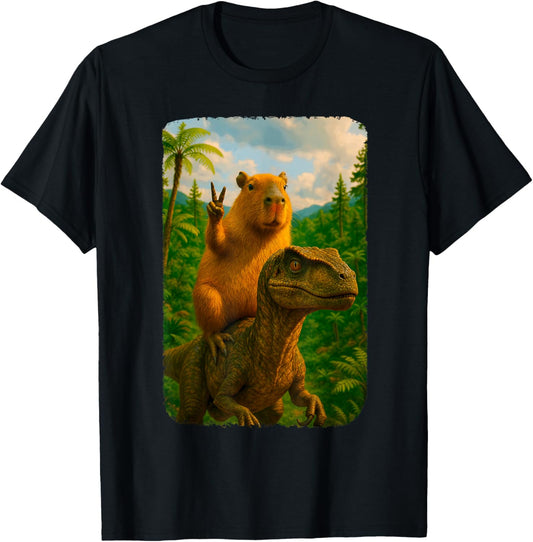Funny Capybara Riding Velociraptor Peace Sign T-Shirt