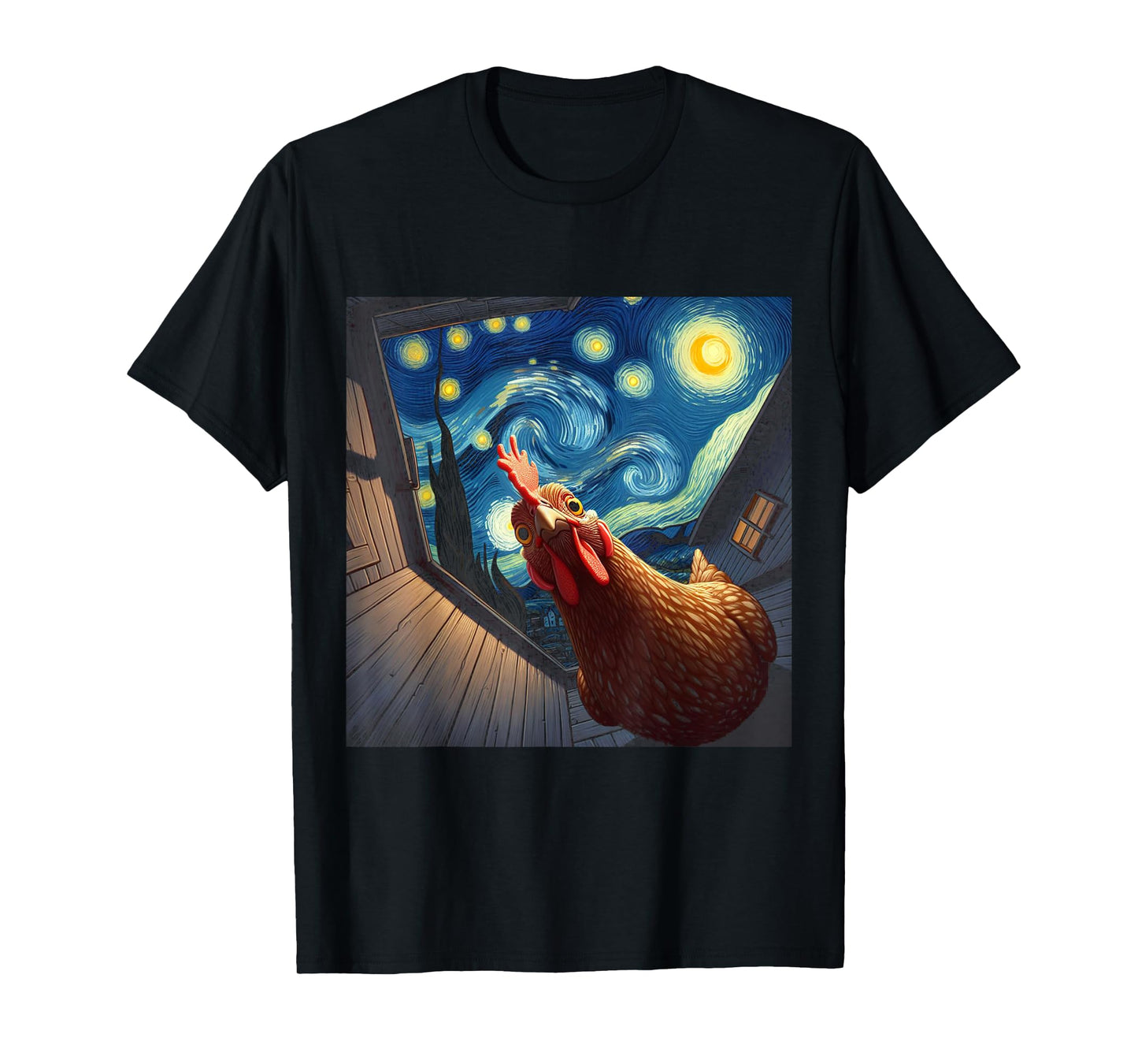 Van Gogh Funny Chicken Starry Night Art T-Shirt