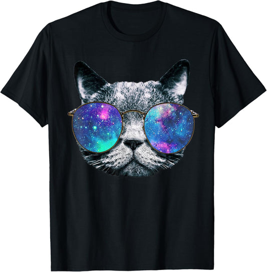 Cat Space Glasses Shirt Astronaut Cat Meme Round Glasses Tee T-Shirt
