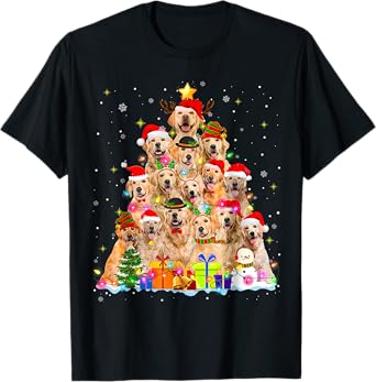 Golden Retriever Christmas Lights Tree Dog Funny Xmas 2025 T-Shirt for Men Women Kids