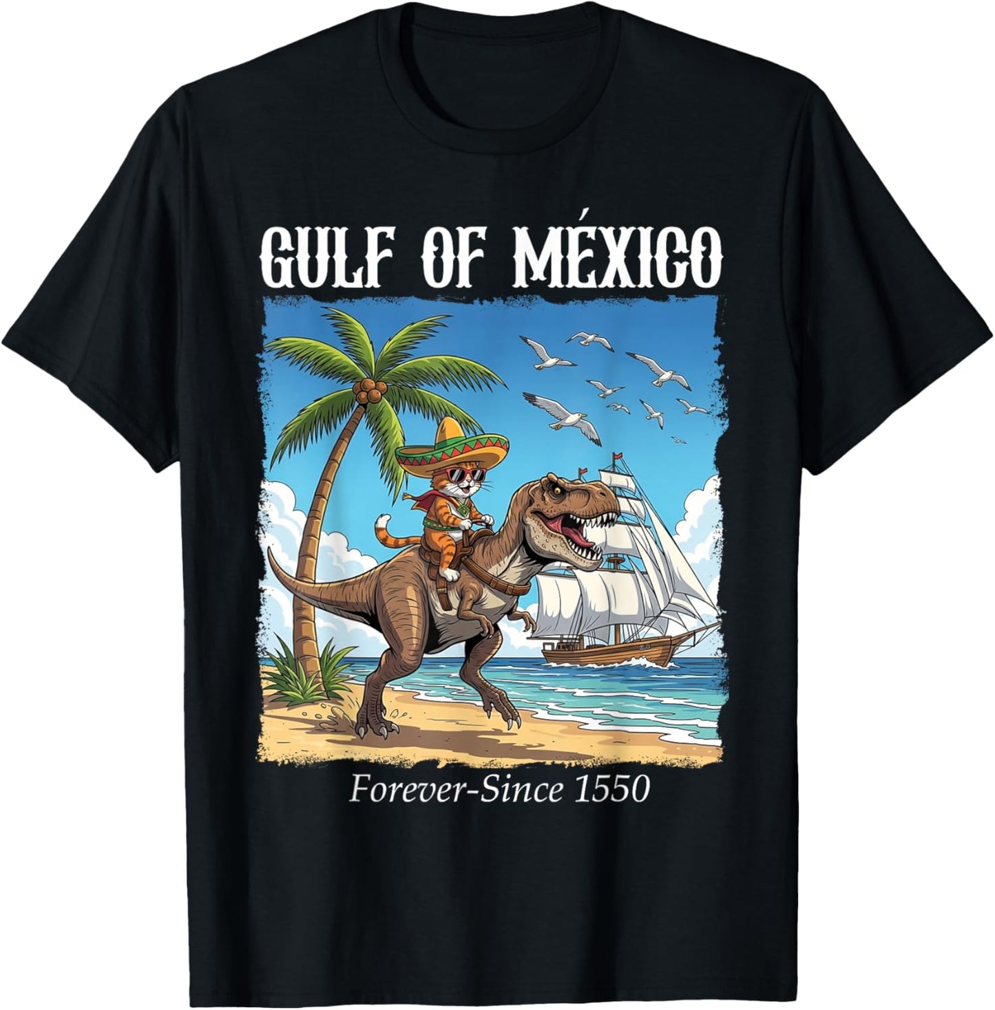 Gulf Of Mexico Travel Cat & Dinosaur Gulf Of Mexico Trip T-Shirt