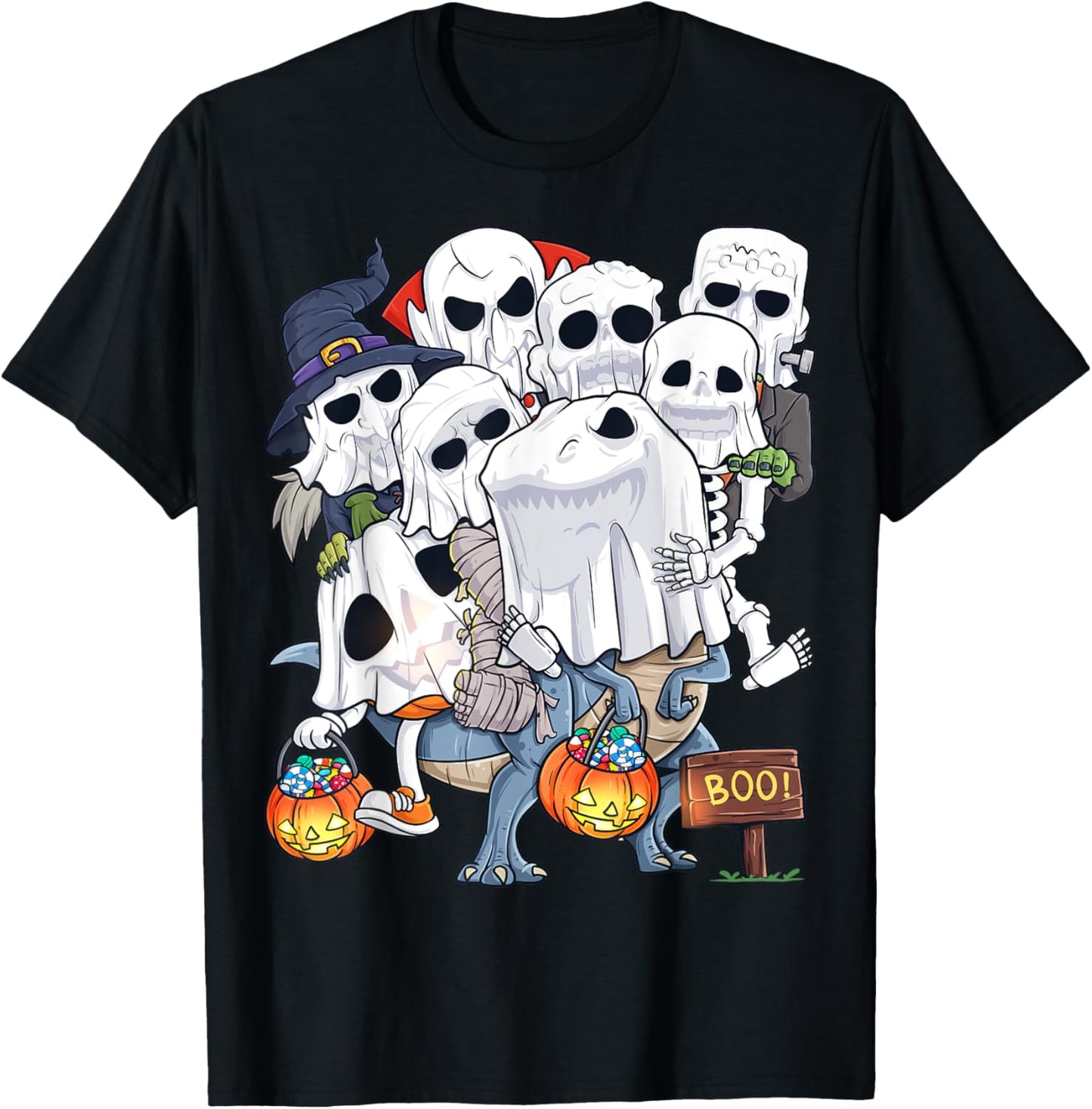 Halloween Skeleton Zombie Riding T Rex Funny Pumpkin Boo T-Shirt