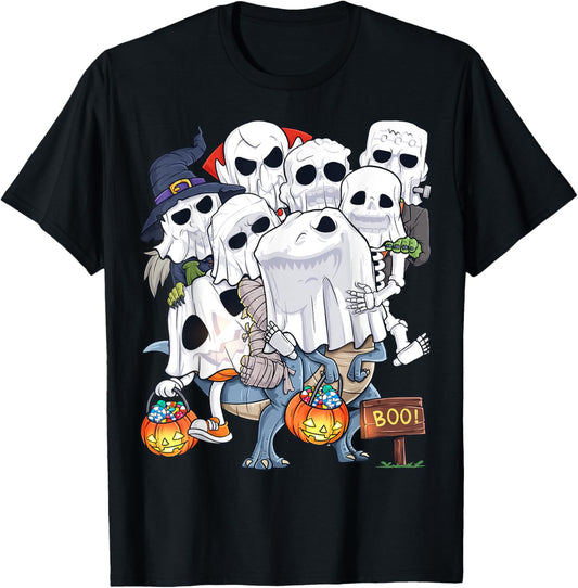 Halloween Skeleton Zombie Riding T Rex Funny Pumpkin Boo T-Shirt