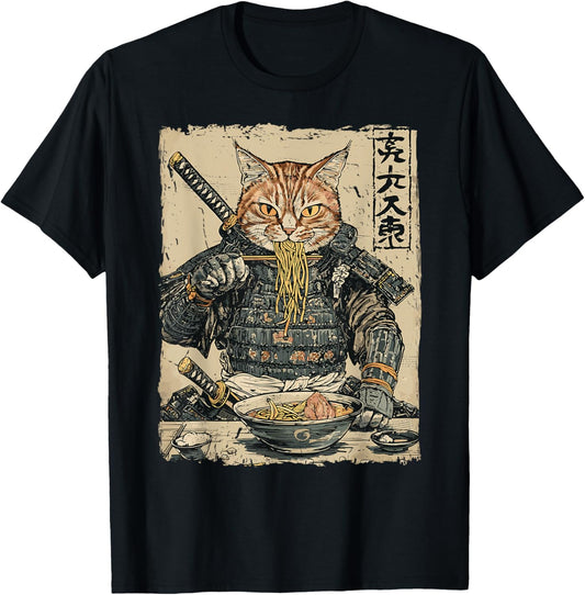 Samurai Cat Loves Ramen Funny Anime Japanese Artwork Samurai T-Shirt