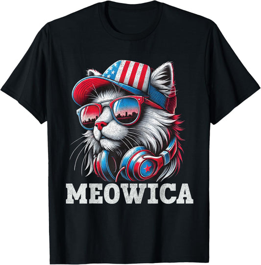 Meowica 4th of July Cat USA Flag Men Boys Vintage Funny Tee T-Shirt
