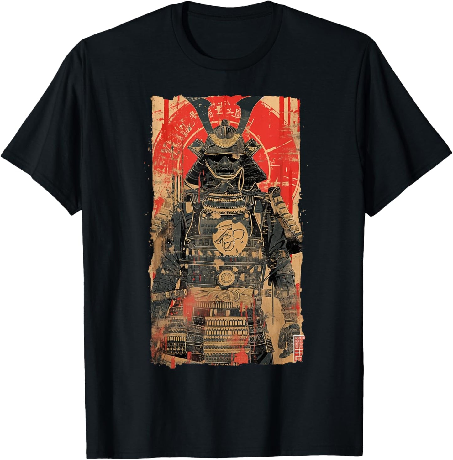 Japanese Art Samurai Vintage Fighter Retro Design T-Shirt, Small, Black