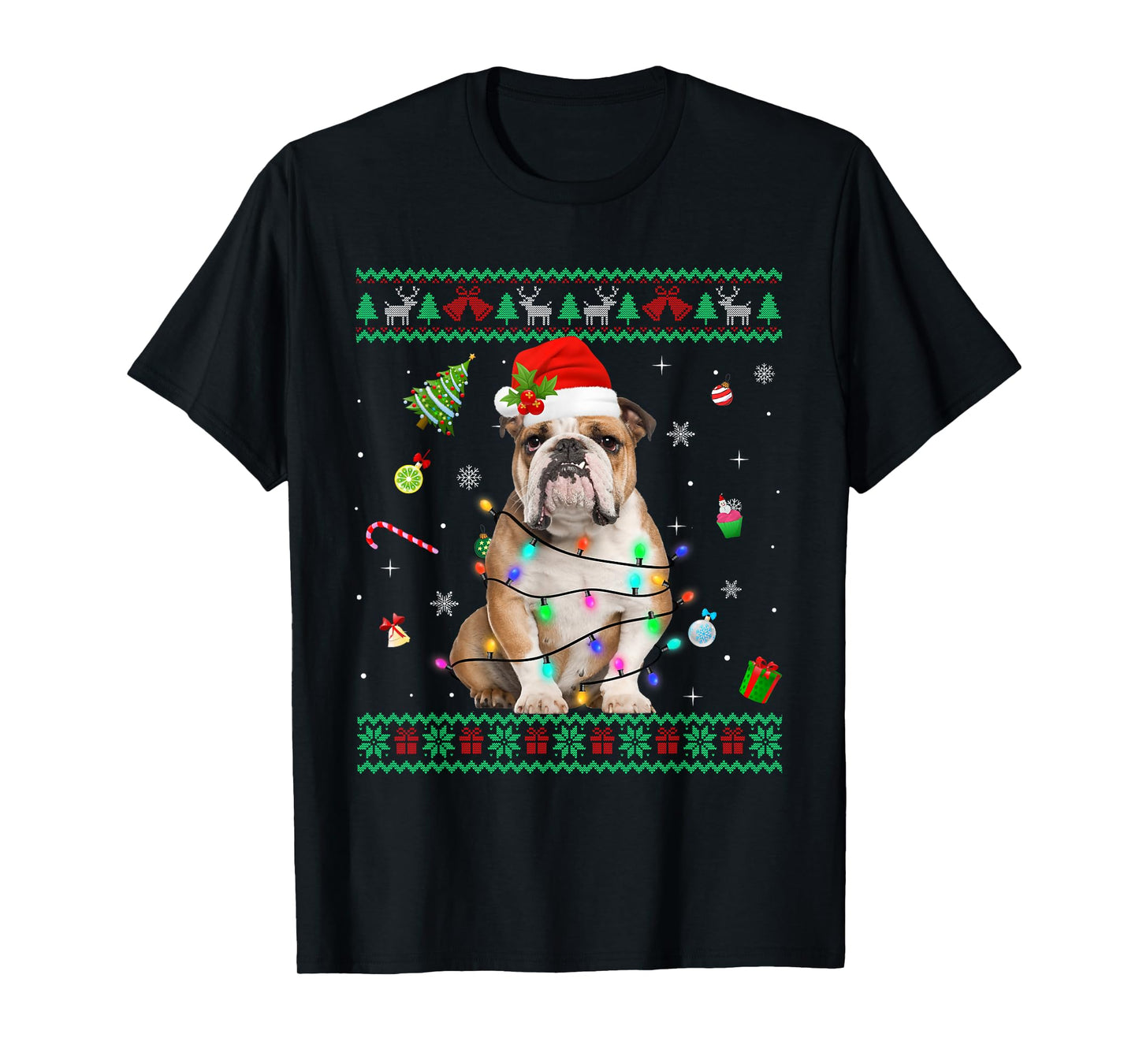 Ugly Sweater English Bulldog Dog Christmas Lights Santa Hat T-Shirt for Men Women Kids