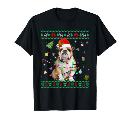 Ugly Sweater English Bulldog Dog Christmas Lights Santa Hat T-Shirt for Men Women Kids
