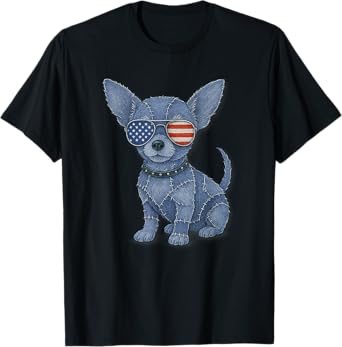 Patriotic Chihuahua with American Flag Sunglasses Denim Dog T-Shirt for Men Women Kids