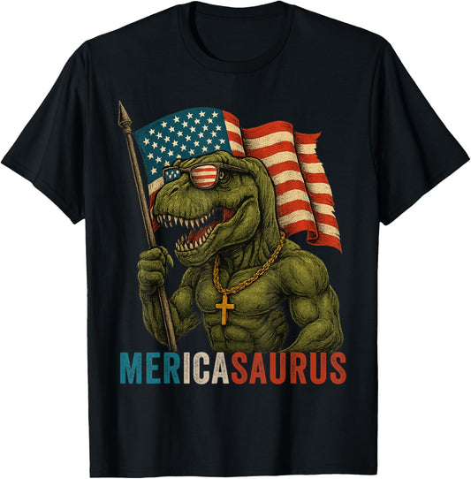 4th Of July Dinosaur T Rex Merica USA Flag Independance Day T-Shirt