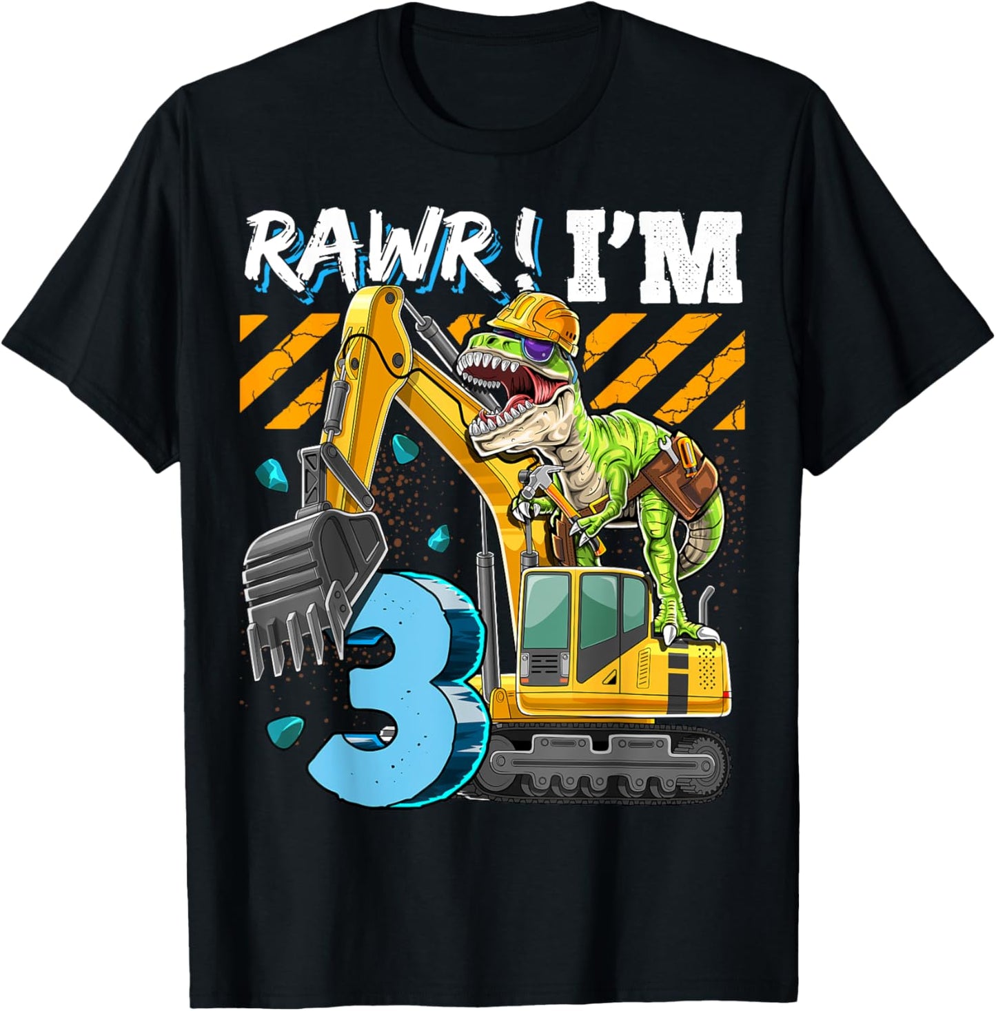 T Rex Dinosaur Construction Hat Excavator 3rd Birthday Boys T-Shirt