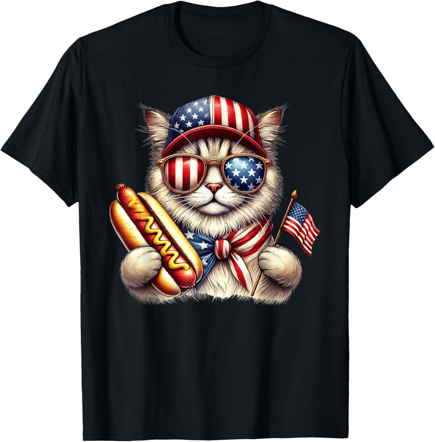 4th of July Hotdog Cat Funny Patriotic Cat USA Flag Men Boys T-Shirt