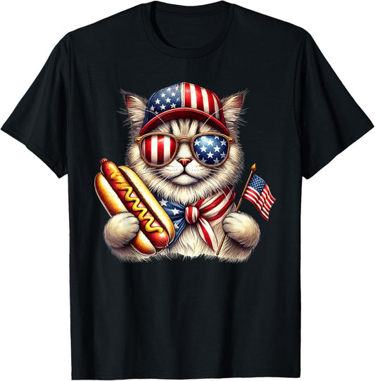4th of July Hotdog Cat Funny Patriotic Cat USA Flag Men Boys T-Shirt