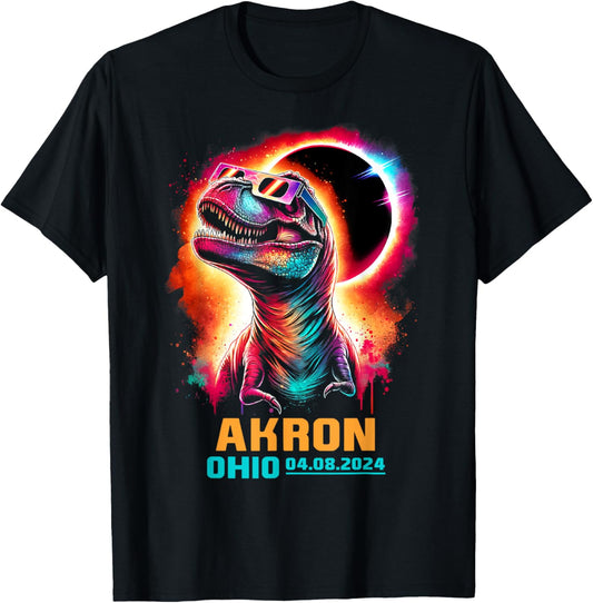 Akron Ohio Total Solar Eclipse 2024 T Rex Dinosaur Colorful T-Shirt