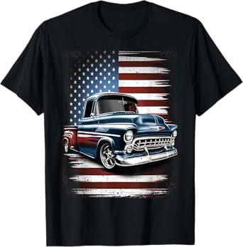 Classic Old Pickup Truck American Flag 4th of July Patriotic T-Shirt
