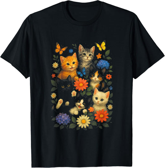 Cottagecore Kawaii Cats Flowers Butterflies Cute T-Shirt