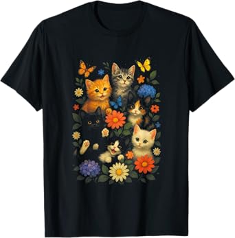 Cottagecore Kawaii Cats Flowers Butterflies Cute T-Shirt