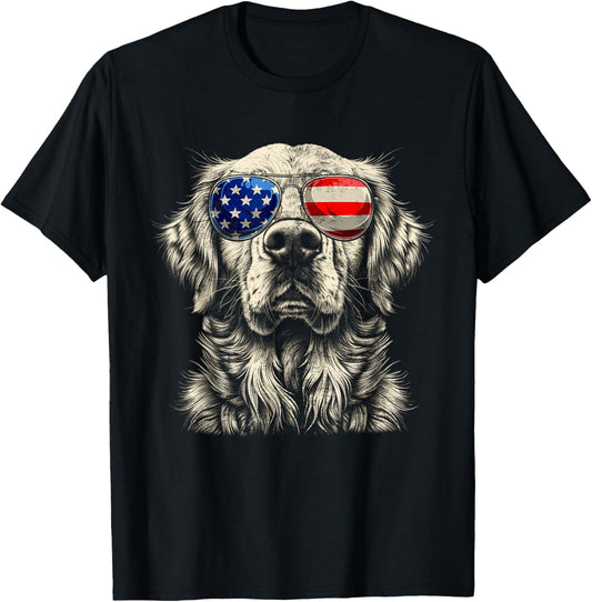 Vintage Art Golden Retrievers Dogs Wearing USA Flag Glasses T-Shirt