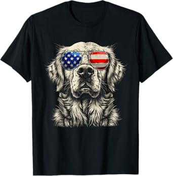 Vintage Art Golden Retrievers Dogs Wearing USA Flag Glasses T-Shirt