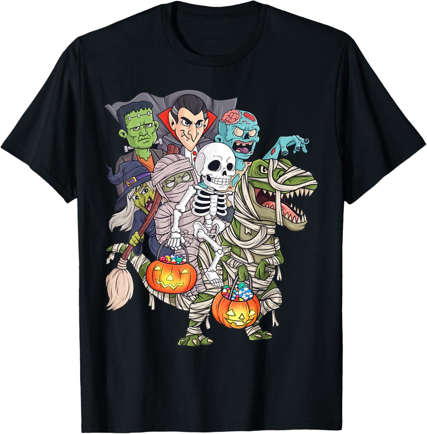 Skeleton Zombie Riding Mummy T Rex Funny Halloween Pumpkin T-Shirt