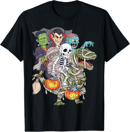 Skeleton Zombie Riding Mummy T Rex Funny Halloween Pumpkin T-Shirt