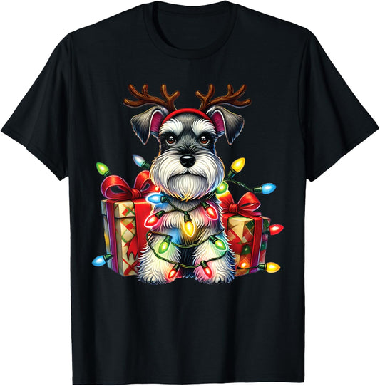 Miniature Schnauzer Dog Lovers Reindeer Christmas Lights T-Shirt