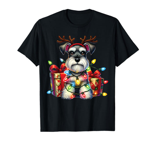 Miniature Schnauzer Dog Lovers Reindeer Christmas Lights T-Shirt