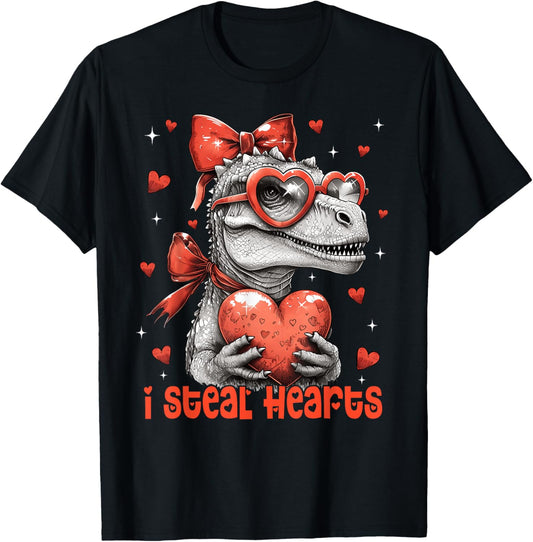 Valentines Day Girls Women I Steal Hearts Dinosaur T-rex T-Shirt