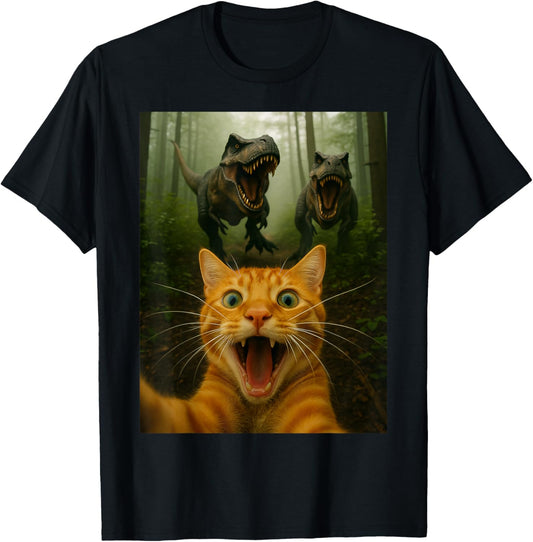 Funny Cat Selfie With T-Rex Dinosaur Cat Gift Kids Men Women T-Shirt