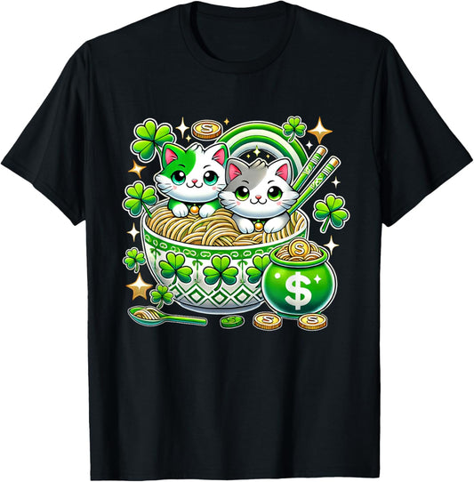 Irish Ramen Cats Cute Anime St Patrick's Day Teens Girl Kids T-Shirt