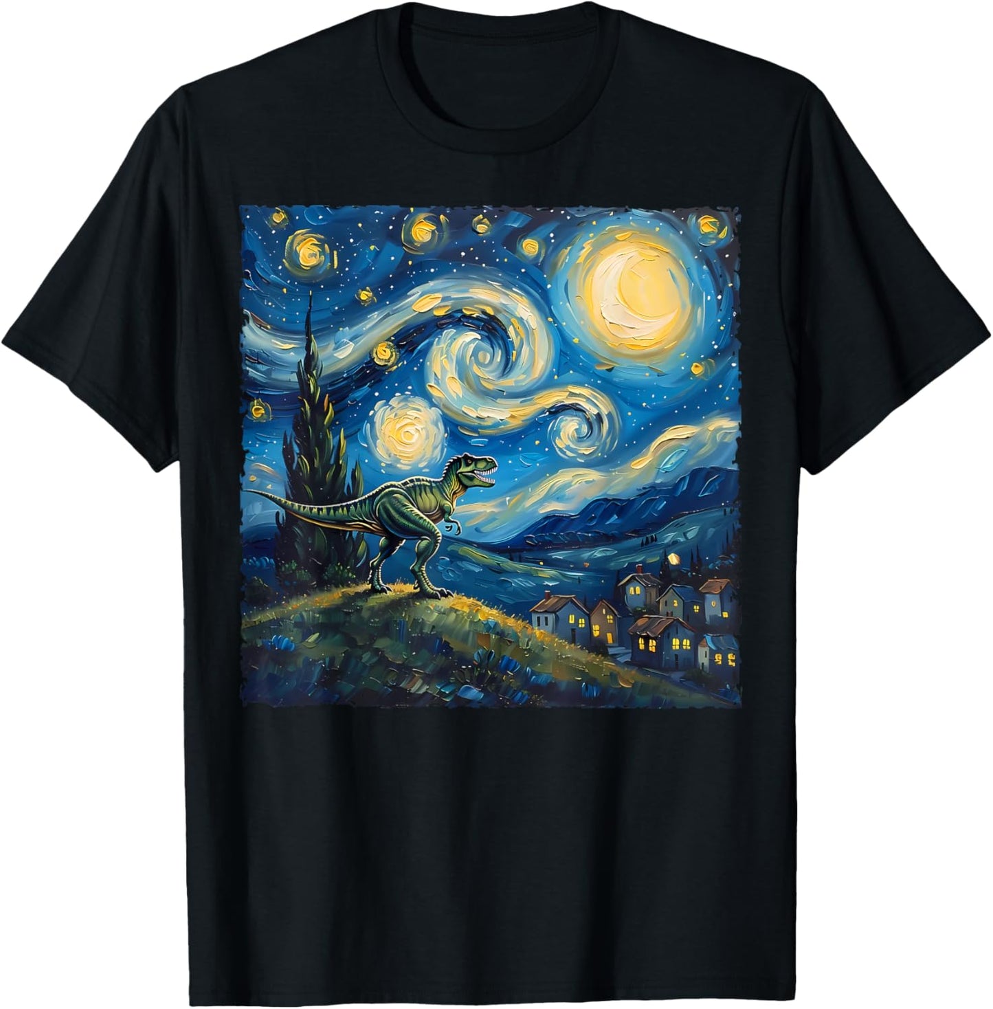 Van Gogh Style The Starry Night - Funny T-Rex Dinosaur Art T-Shirt