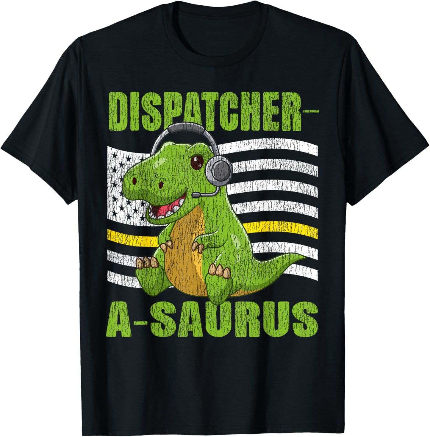 911 Dispatcher Thin Gold Yellow Line Dinosaur American Flag T-Shirt