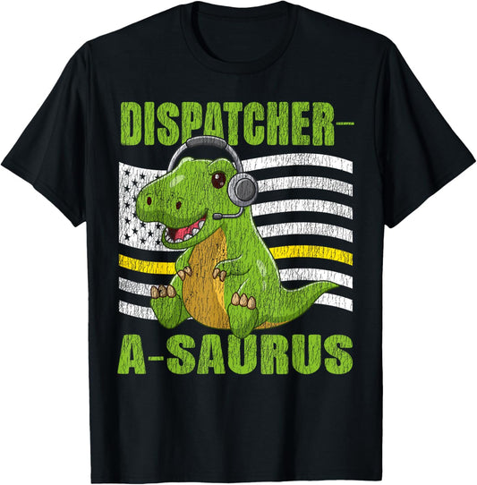 911 Dispatcher Thin Gold Yellow Line Dinosaur American Flag T-Shirt