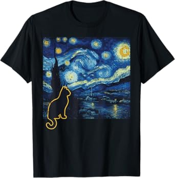 Cat Starry Night Funny Art Painting Van Gogh Men Women Kids T-Shirt