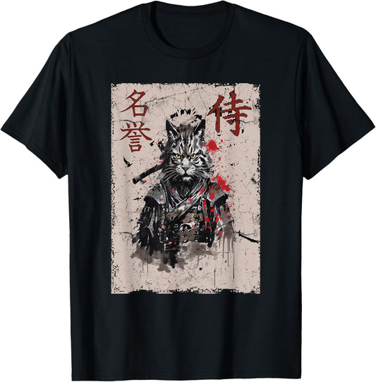 Samurai Warrior Cat Graphic, Cool Japanese Art Cat T-Shirt