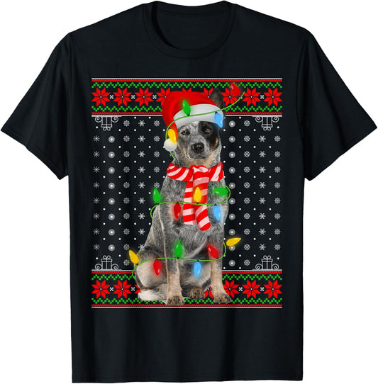 Ugly Xmas Dog Lights Santa Hat Blue Heeler Dog Christmas T-Shirt