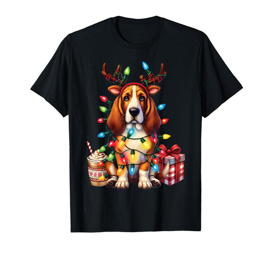 Pet Animal Basset Hound Dog Lover Reindeer Christmas Light T-Shirt