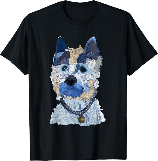 Dog pattern denim patchwork art T-Shirt