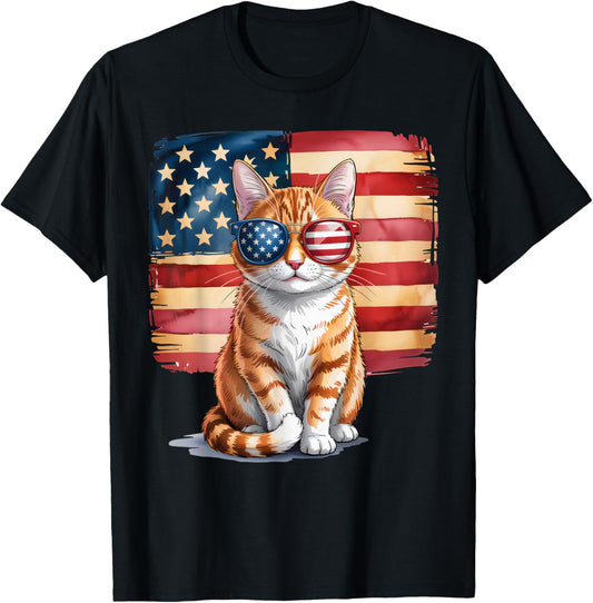 American Flag Funny Cat USA 4th Of July Cat Lover Men Women T-Shirt