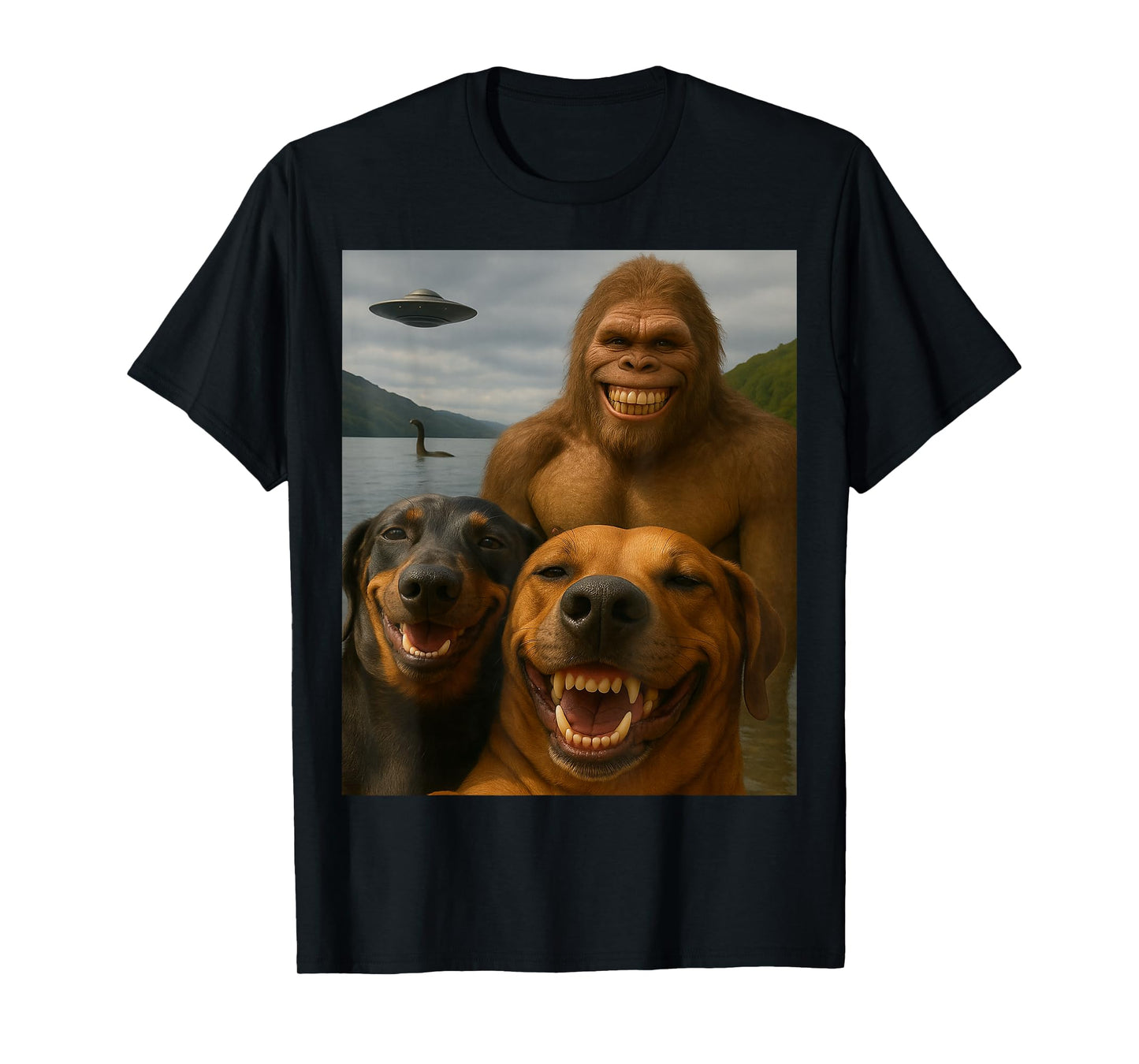 Funny Bigfoot Nessie UFO Dog Selfie Cryptid Meme T-Shirt