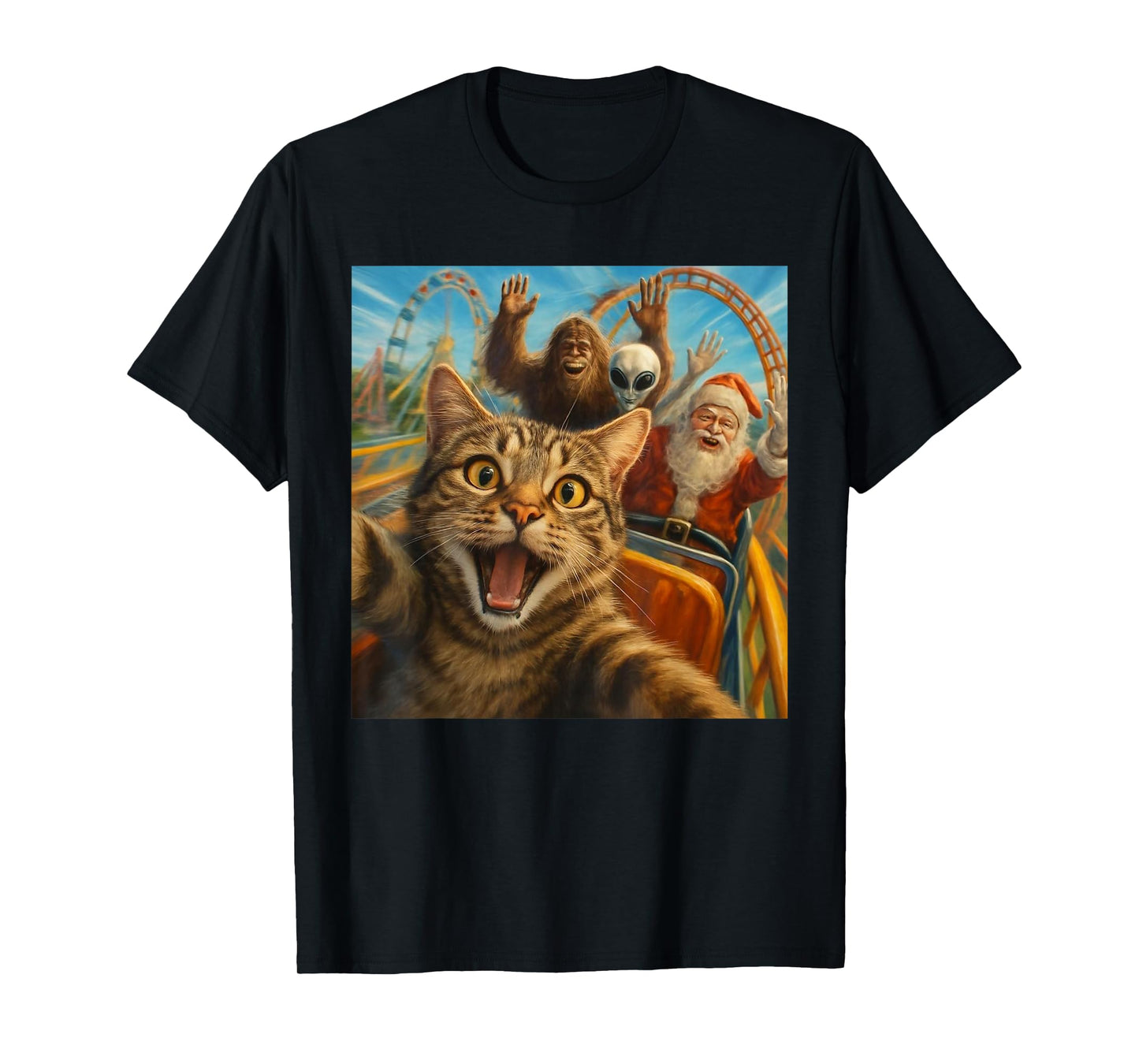 Funny Cat Selfie with Santa Claus Roller Coaster Meme T-Shirt