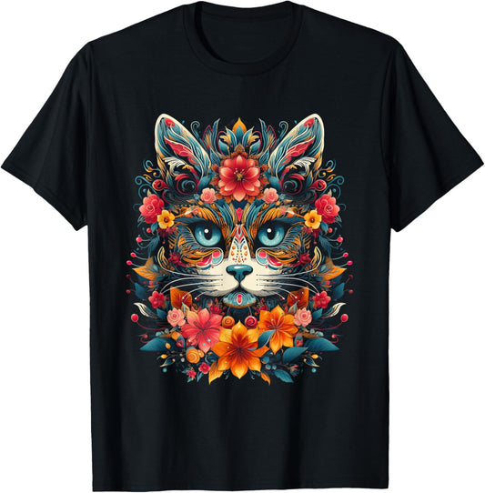 Floral Mexican Cat Day of the Dead Dia De Muertos Women T-Shirt
