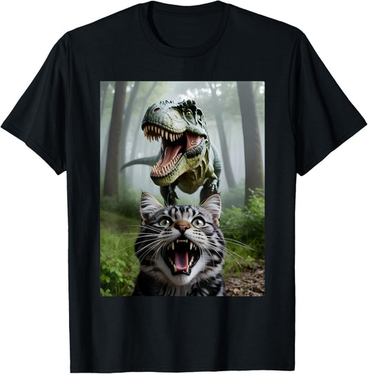 Funny Cat Selfie With T Rex Dinosaur Cat Lover Men Women T-Shirt