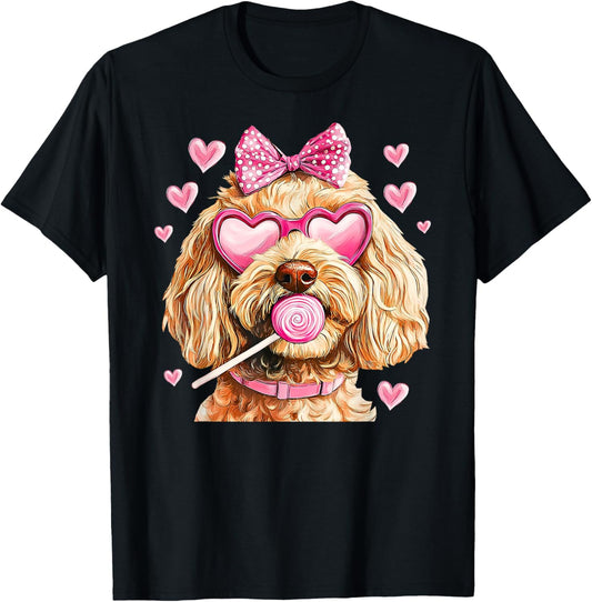 Cute Goldendoodle Wearing Glasses Heart Puppy Valentines Bow T-Shirt