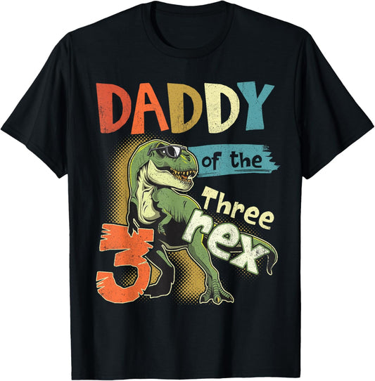Three Rex Birthday Boy 3rd Family Matching Dinosaur Birthday Party T-Shirt - Black, Short Sleeve, Crew Neck, Medium (5), Unisex-Kids