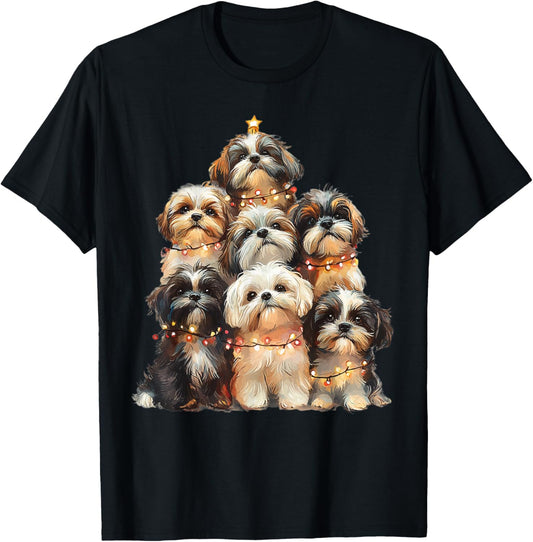 Shih Tzu Christmas Tree Light Pajama Dog Lover Xmas T-Shirt