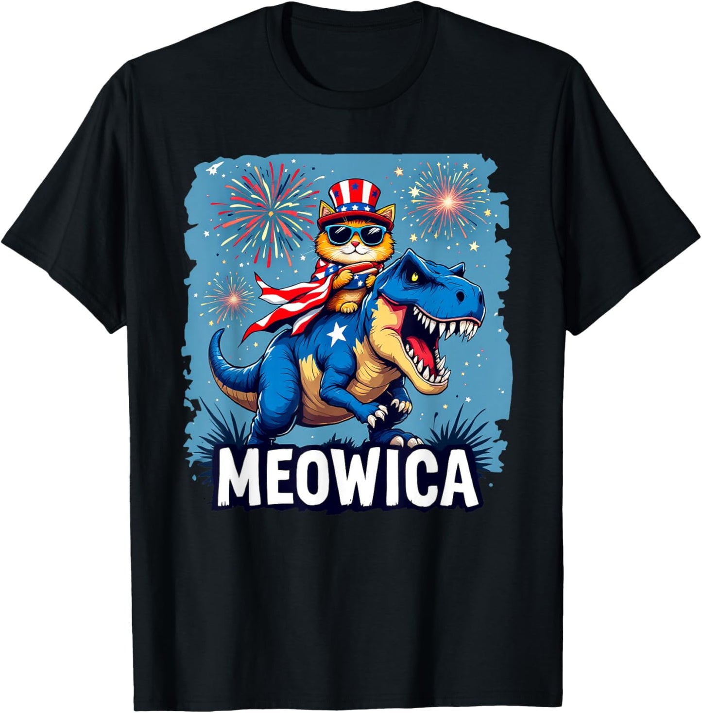 4th of July Meowica Cat Riding Dinosaur Fireworks USA Funny T-Shirt