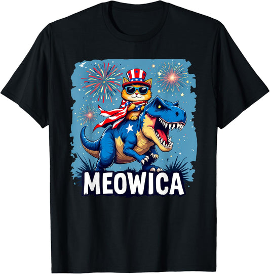 4th of July Meowica Cat Riding Dinosaur Fireworks USA Funny T-Shirt